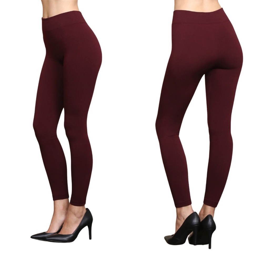 Soft Fleece Lined High Waist Burgundy Yoga Leggings - Picture 1 of 16